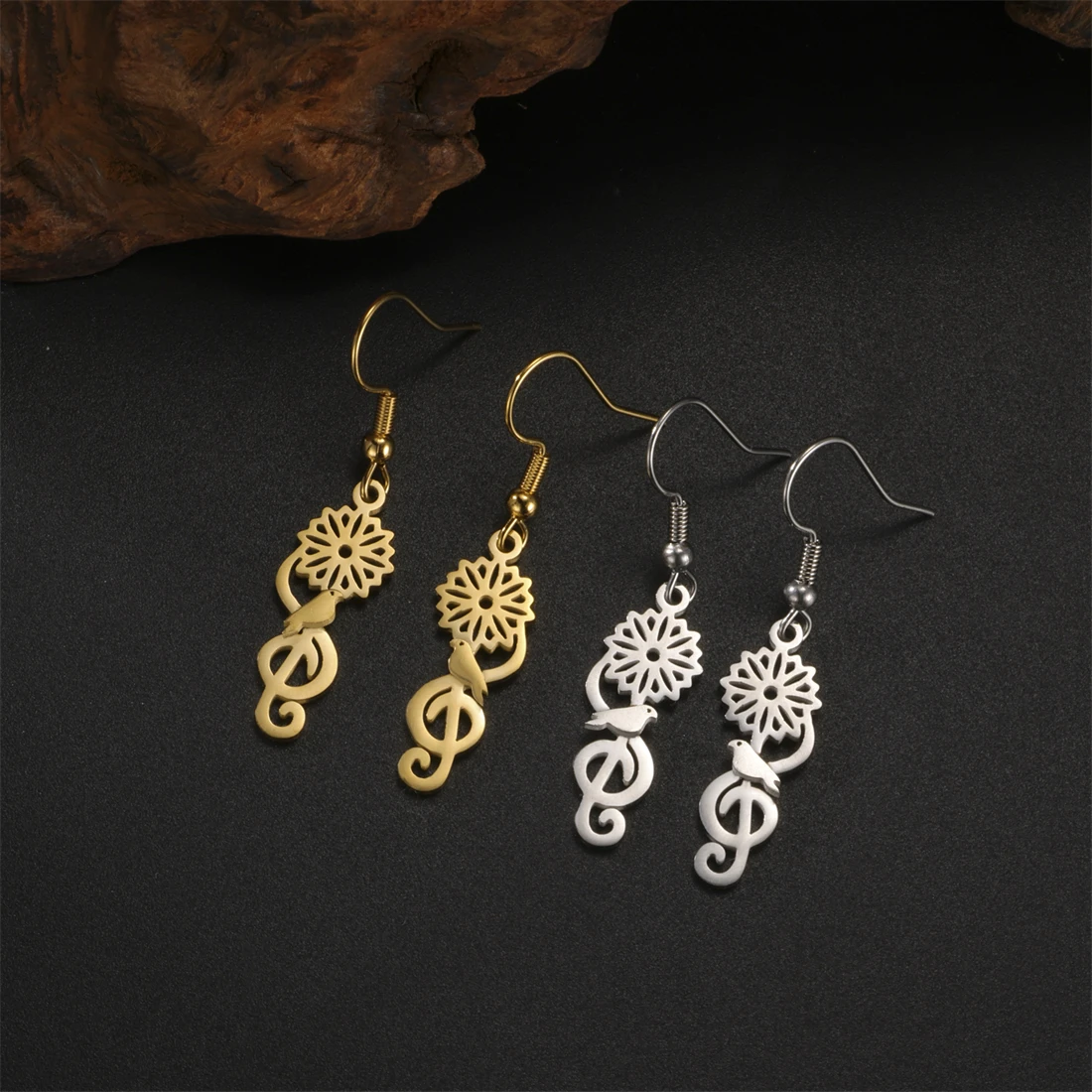 Edelstahl-Tropfenohrringe mit Blumen- und Vögeln für Frauen und Mädchen, modisches Musiksymbol, baumelnde Ohrringe, Geburtstagsfeier, Schmuck, Geschenke – Detail 7