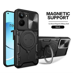 Slide Camera Protect Phone Case with Magnetic Holder and Shockproof Back Cover for Realme 10Pro Plus 5G (Black)