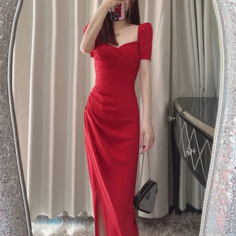 

SuperAen Pleated Slit Dress Sexy Square Neck Short Sleeves High Waist Slim Temperament Green Red Long Dress