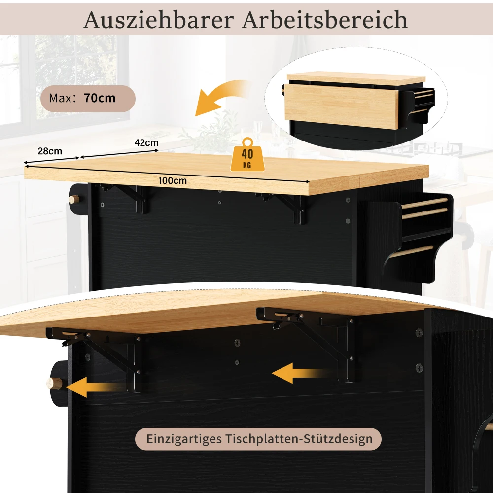 Moderne mobile Kücheninsel mit Rollen und ausziehbarem Esstisch, Küchenwagen mit Weinglashalter und Stauraum – Detail 11