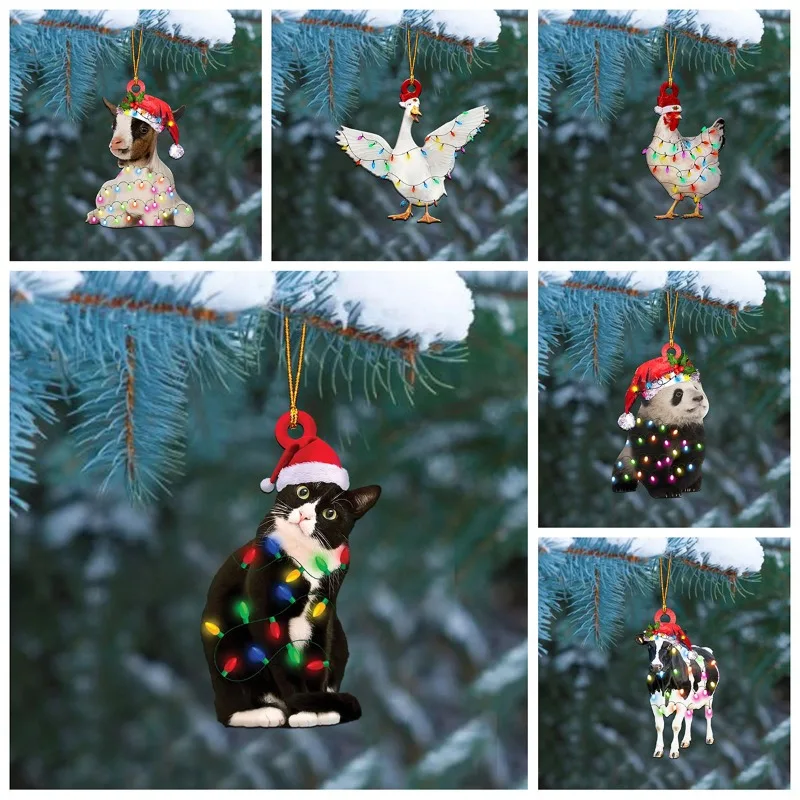 

Christmas tree Ornaments Acrylic Double Sided Painting Pendants,Christmas decorations for Cat,Cow,Panda,Goat,chicken,duck, 6 PC