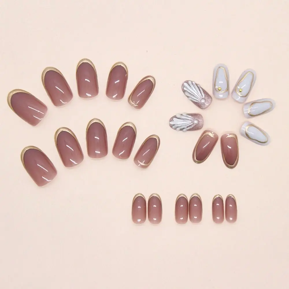 24pcs Manicure Oval False Nails Cat Eye Shell Pearl Press on Nails French Detachable Fake Nails DIY