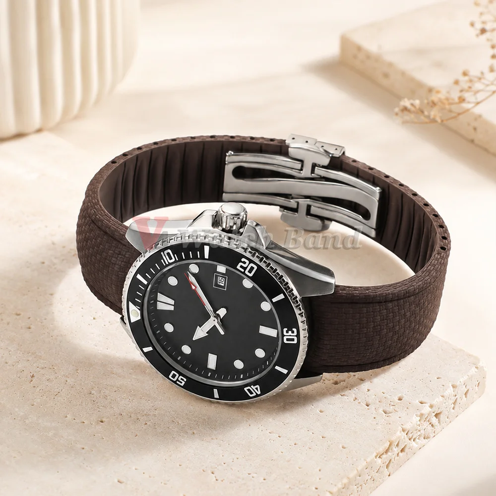 Elegant FKM Rubber Watch Strap with Curved Ends and Quick Release in Multiple Sizes (18-24mm)