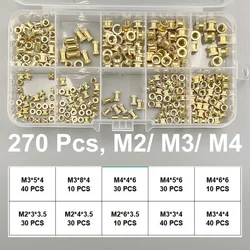 Premium Brass Heat Insert Nuts - Threaded Knurled Double Twill Embedment for 3D Printer Accessories (270 Pcs M2 M3 M4)