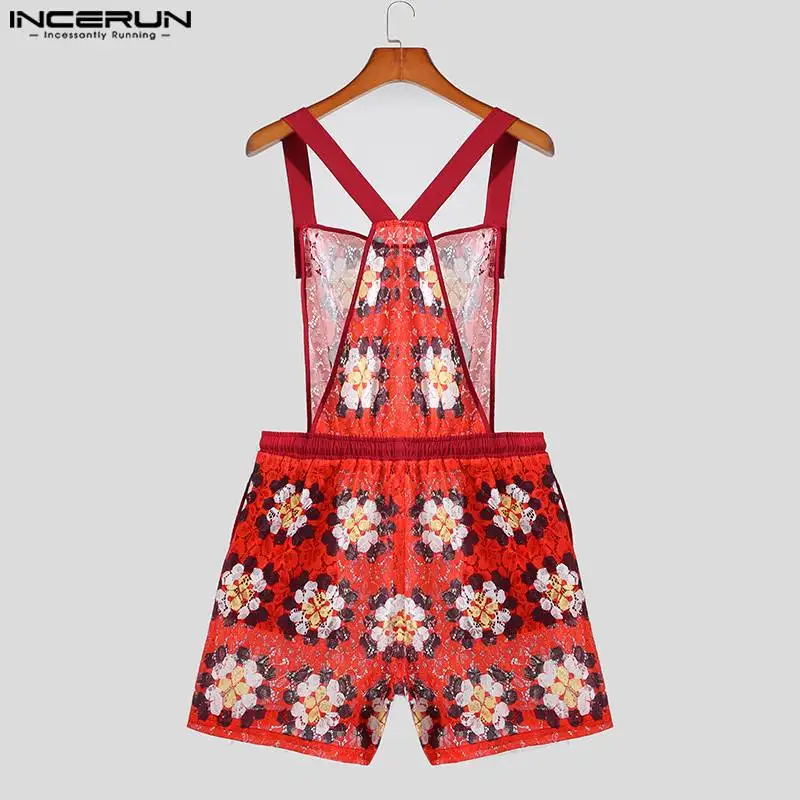 Stylish Casual Style Shorts INCERUN Men's Tracery Lace Printing Rompers Sexy Male Party Shows Hot Selling Shorts Jumpsuits S-5XL