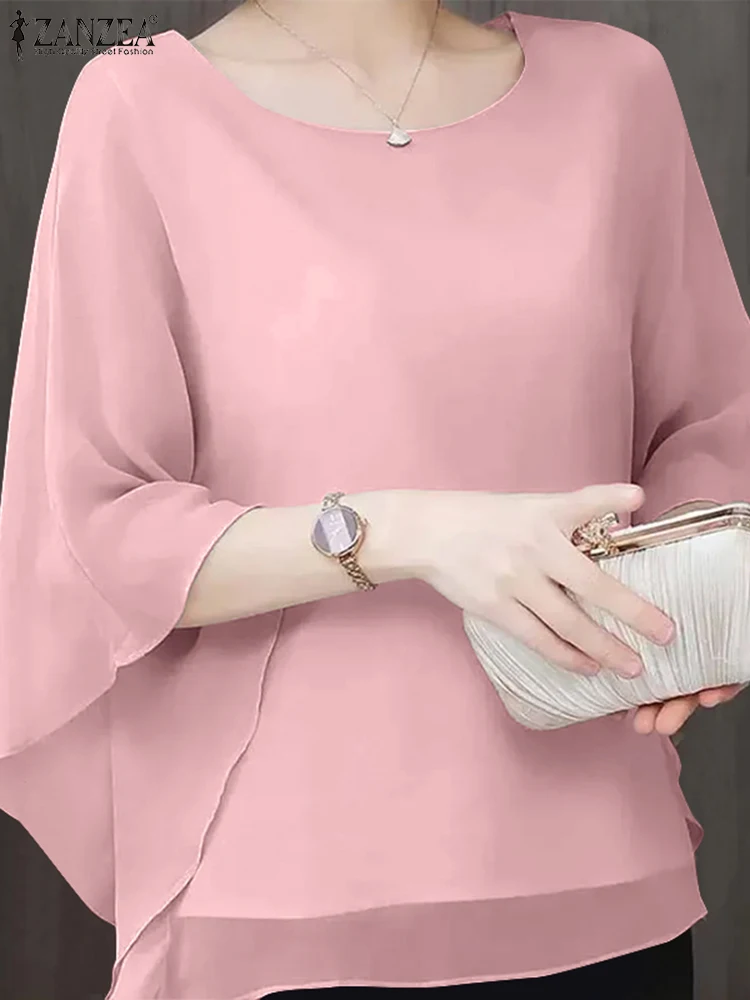 

Блузка ZANZEA женская шифоновая с круглым вырезом, Модный повседневный однотонный топ свободного покроя, праздничная винтажная рубашка с рукавом 2024, лето 3/4