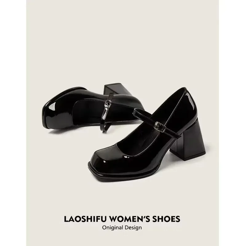 Mary Janes Vintage Black Sandals Woman Buckle Non-Slip Casual Medium Heels Office Ladies Solid Elegant Heels Korean 2023 Summer 2