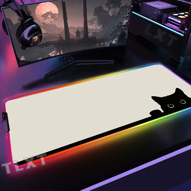 Gato Bonito Gaming Mousepad Tapete de Rato Rgb Grande Mousepad Led Kawaii Almofada de Mesa Luminosa Almofadas de Mesa Retroiluminadas - Imagem 6
