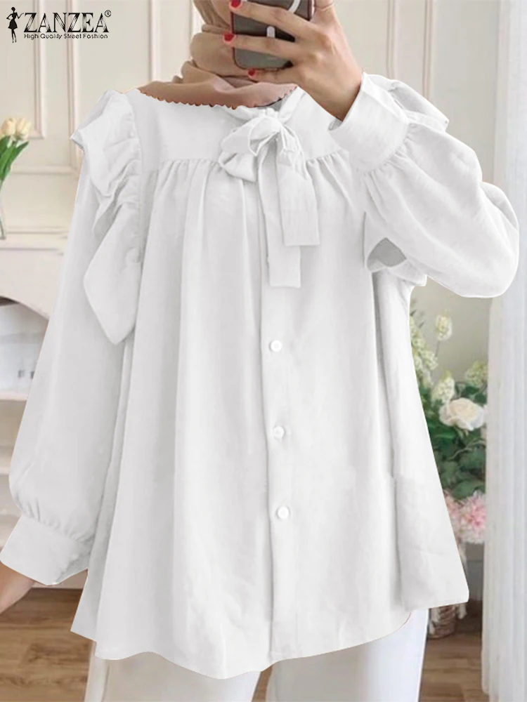

Women Autumn Blouse Muslim Fashion Long Sleeve Tops ZANZEA Elegant Ruffles Shirt Dubai Turkey Abaya Eid Mubarek IsIamic Blusas