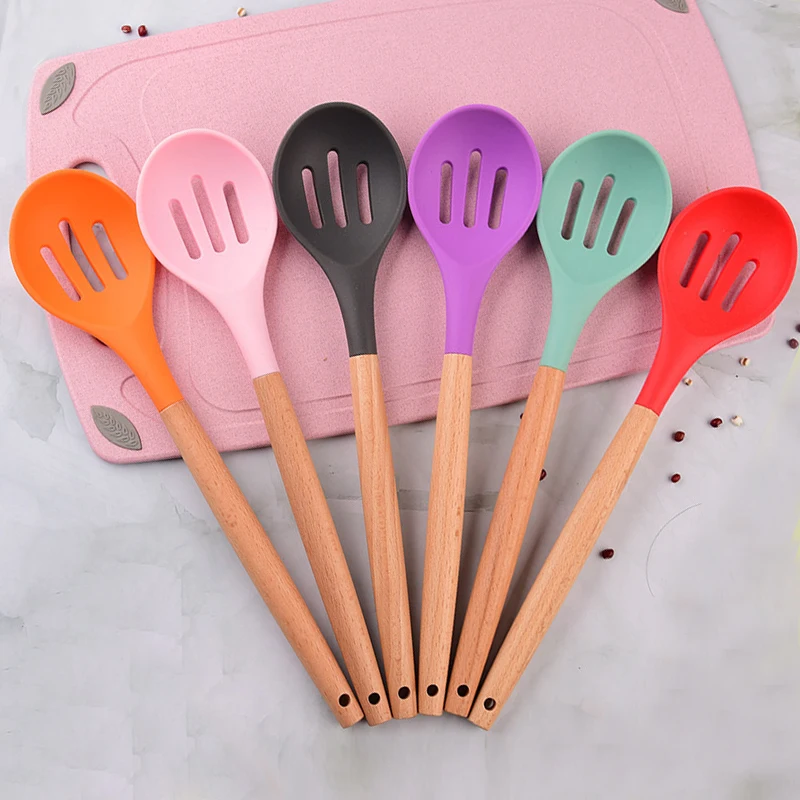 Silicone Spoon Wooden Handle Silicone Spoon Cooking Silicone Serving Spoon Soup Spoons