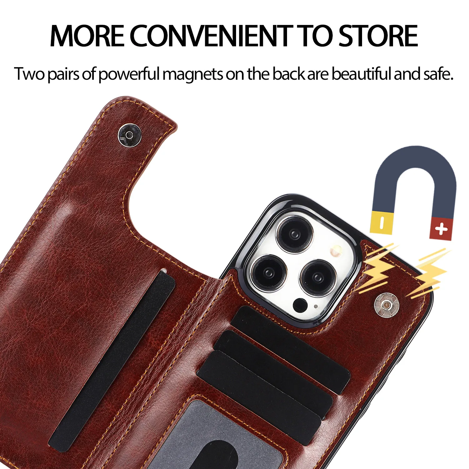 Coque IPhone Cuir PU Avec Porte-cartes Et Magsafe – Marron, Pour IPhone 12 à 16, Neuve