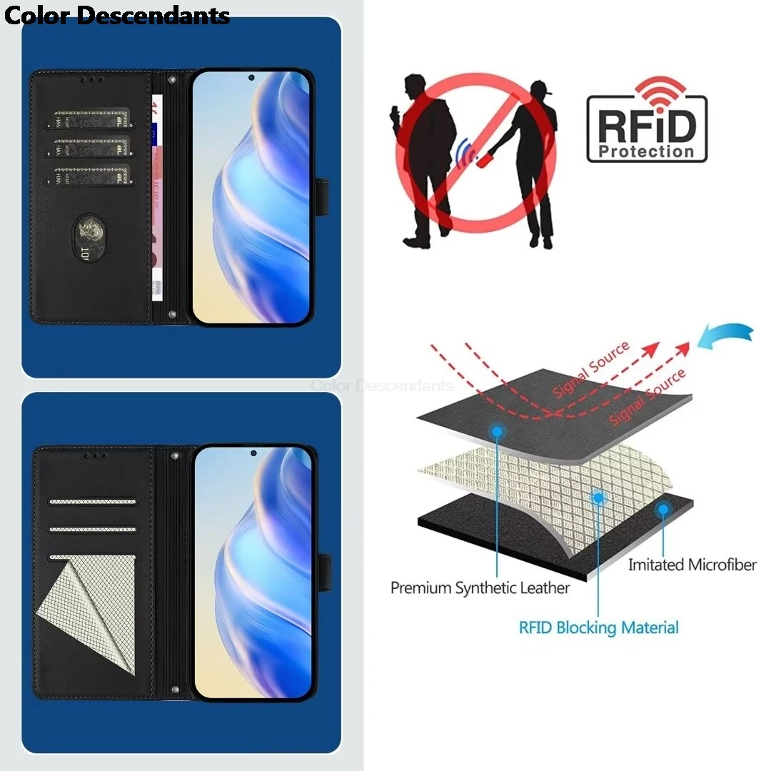 RFID Blocking Leather Flip Cover with Strap - Premium Shockproof Protective Card Holder Case