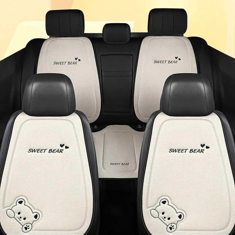 Luxury Linen Cartoon Bear Car Seat Cushion - Women's Cute Anti-Slip & Breathable Protective Cover