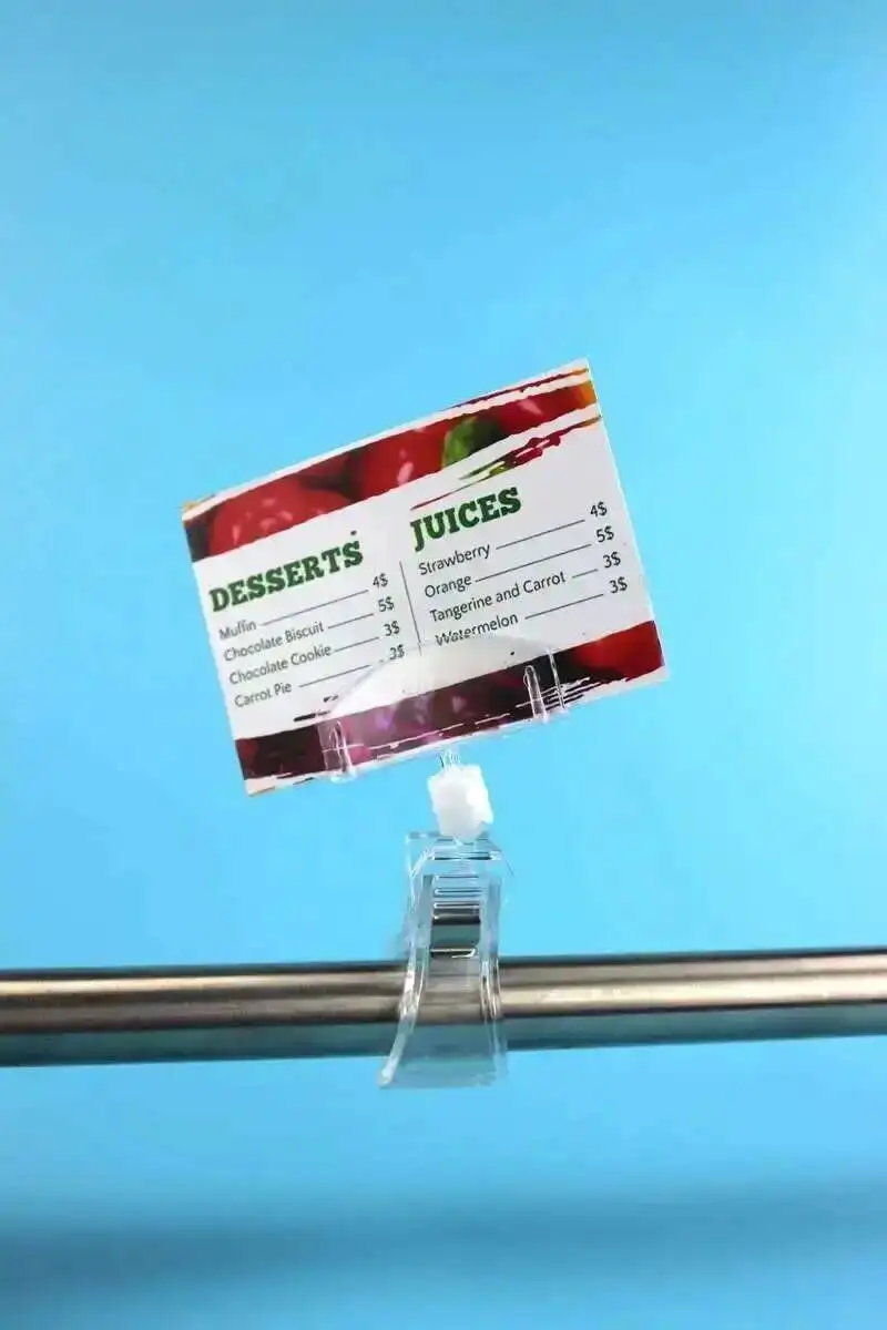 Durchsichtiger, drehbarer Pop-Label-Clip aus Kunststoff für Waren, Schilderhalter, drehbare Preisclips für Einzelhandel, Körbe, Karten – Detail 2