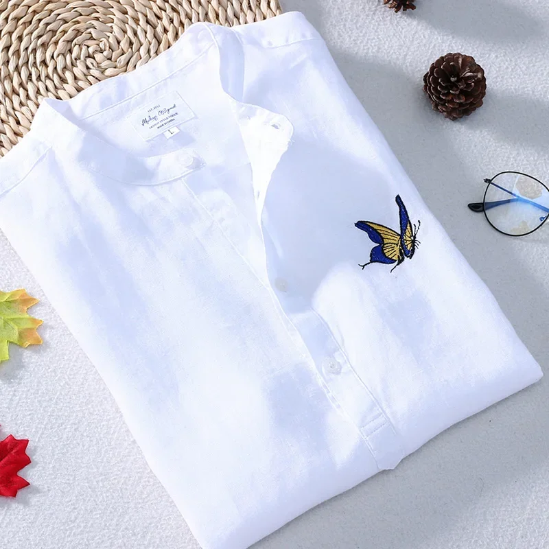 Men Casual Shirt Schinteon 100% Pure Linen Summer Stand Collar Short Sleeved Comfortable Pullover Shirt