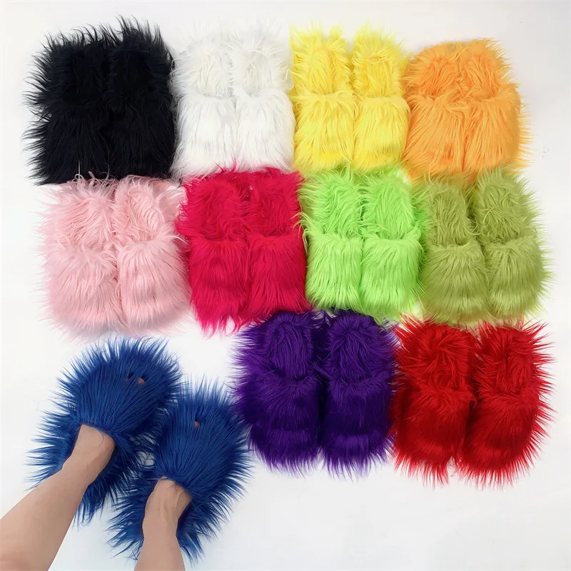 Faux Fur Slippers 2023 Women Winter Plush Warm Home Flat Slides Mongolian Wool Flip Flops Y2K Girls Furry Shoes Cute Slippers