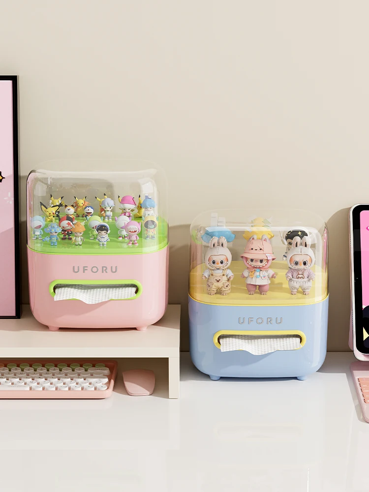 Uforu Desktop-Organizer aus klarem Acryl – transparente doppellagige Sammlerfiguren-Aufbewahrungsbox und Taschentuchbox-Halter – Detail 5