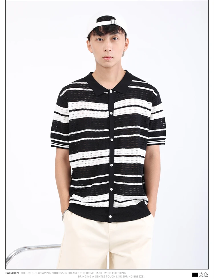Loose Fit Knitted Polo Shirts Man Single Breasted Viscose Elastic Summer Quality Hollow Out Breathable Striped Camisas De Hombre 22 Sf3a05351baa14b248022bd957d173e3fH