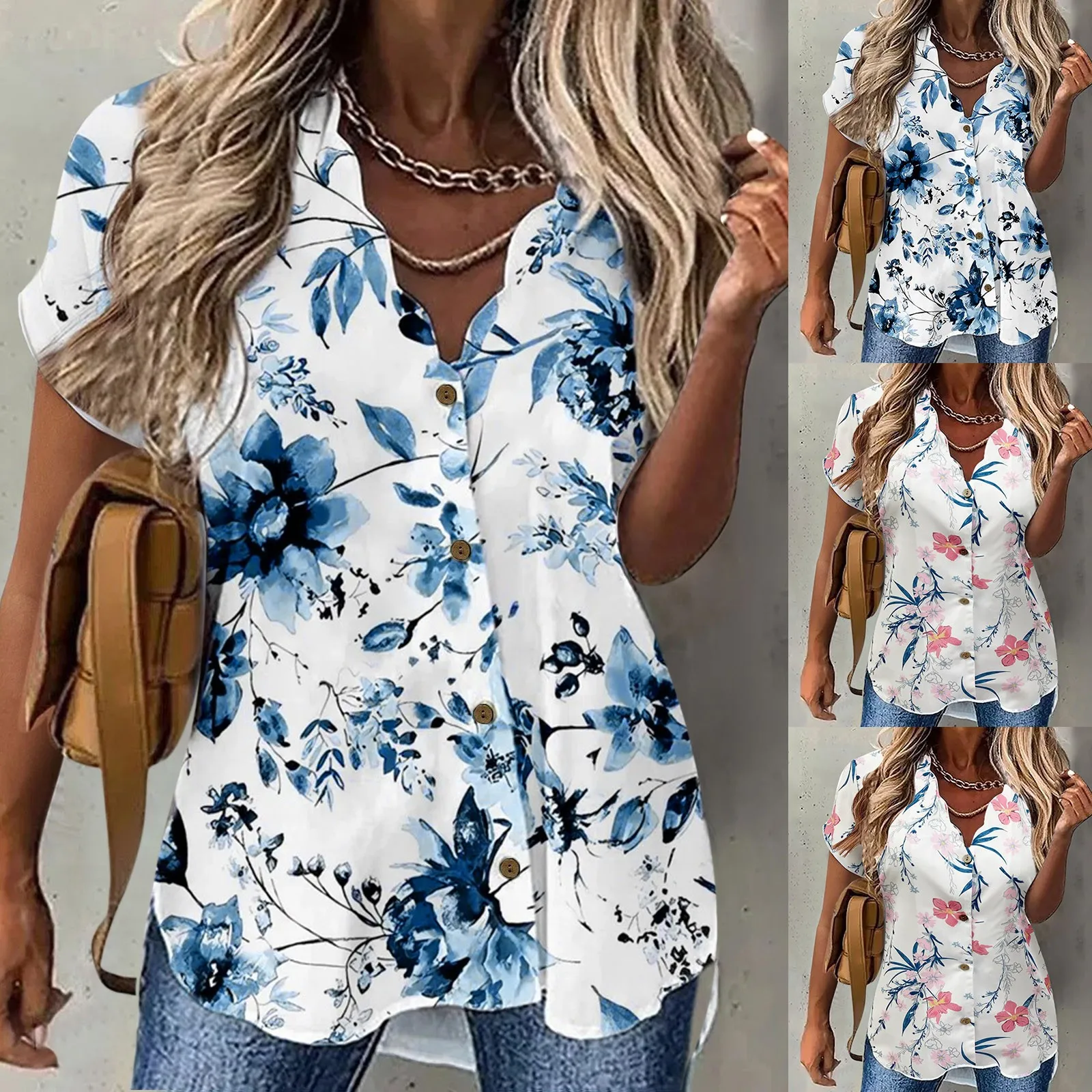 

Fashion Blouses Short Sleeve Tops Floral Printed Button Women Dressy Casual Loose Ladies Tee T Shirts Blusas Summer Work Wear