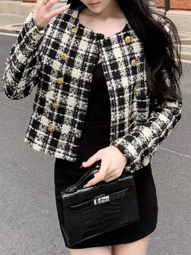

High-Quality Autumn New Celebrity Temperament Small Fragrance Wind Black And White Plaid Woolen Short Women Casual Girl Coat