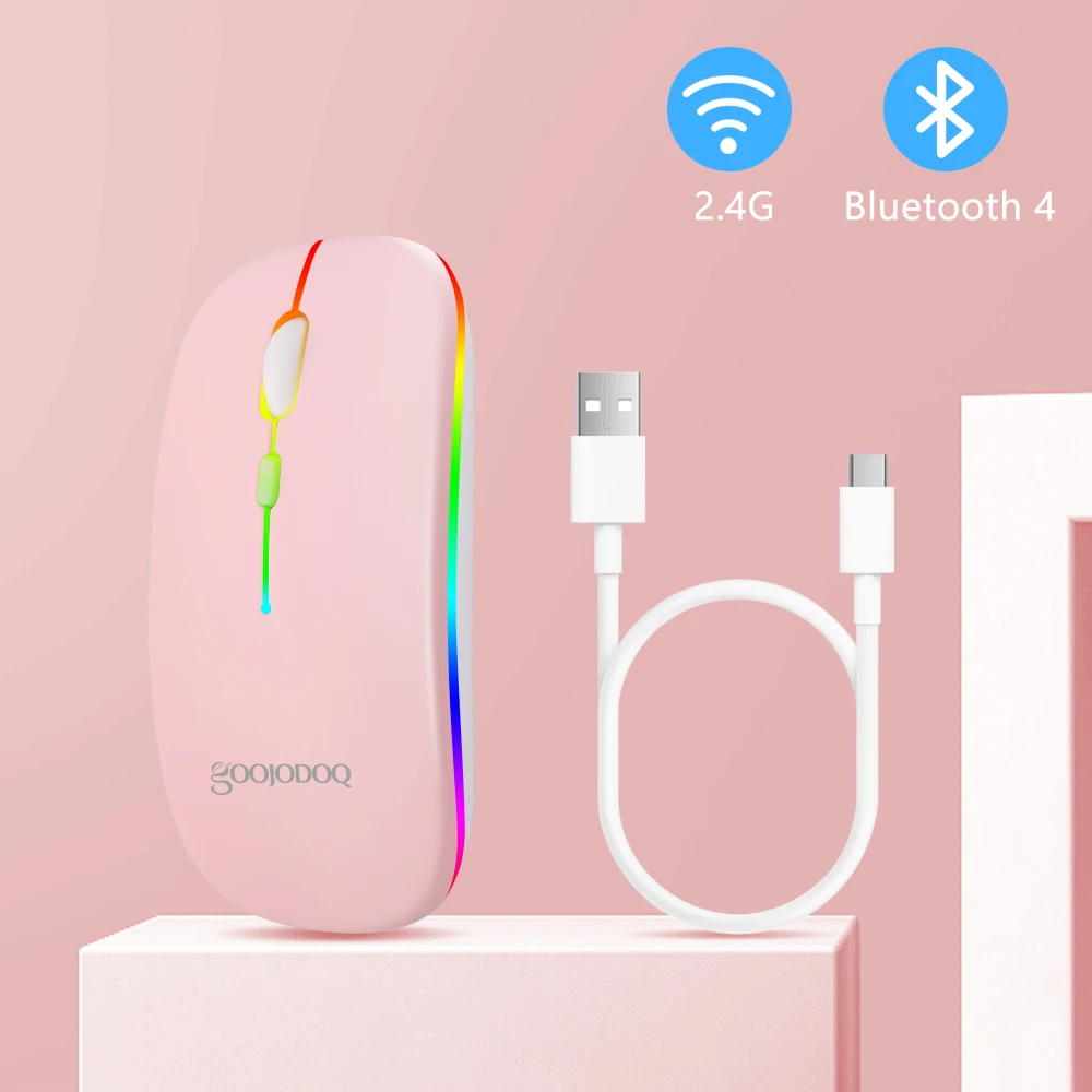 GOOJODOQ Bluetooth + 2.4G Mouse de modo duplo recarregável luz colorida 800-1200-1600 DPI clique silencioso design ergonômico