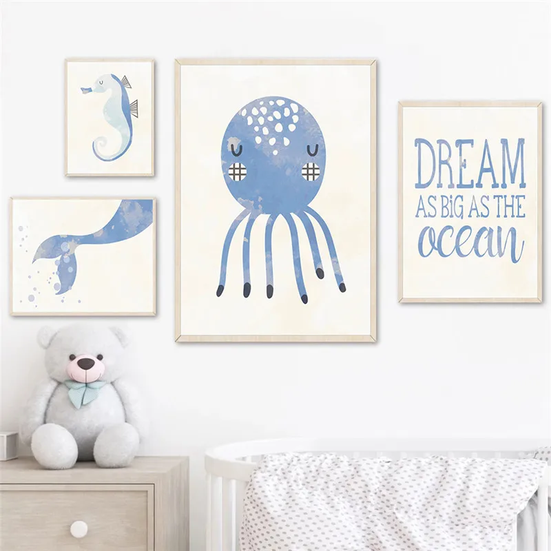 

Ocean Octopus Seahorse Whale Tail Canvas Painting Marine Animal Poster Kids Baby Room Decoration Nursery Wall Art Home Decor