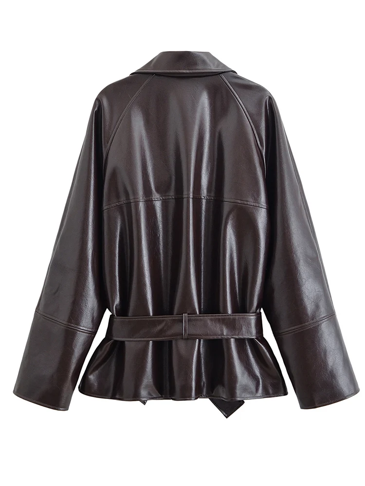 Fashion Women's Faux Leather Jacket Turn-down Collar Double Breasted Belt Coats 2025 Autumn New Ladies Casual Street Outwear