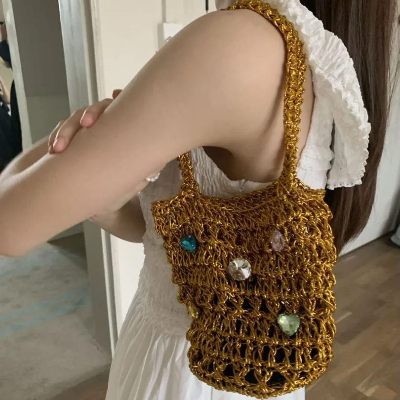 Ladies Summer Macrame Bucket Bag Phone Purse Handmade Hollow Out Cotton Rope Crochet Bag Small Handbag For Girls