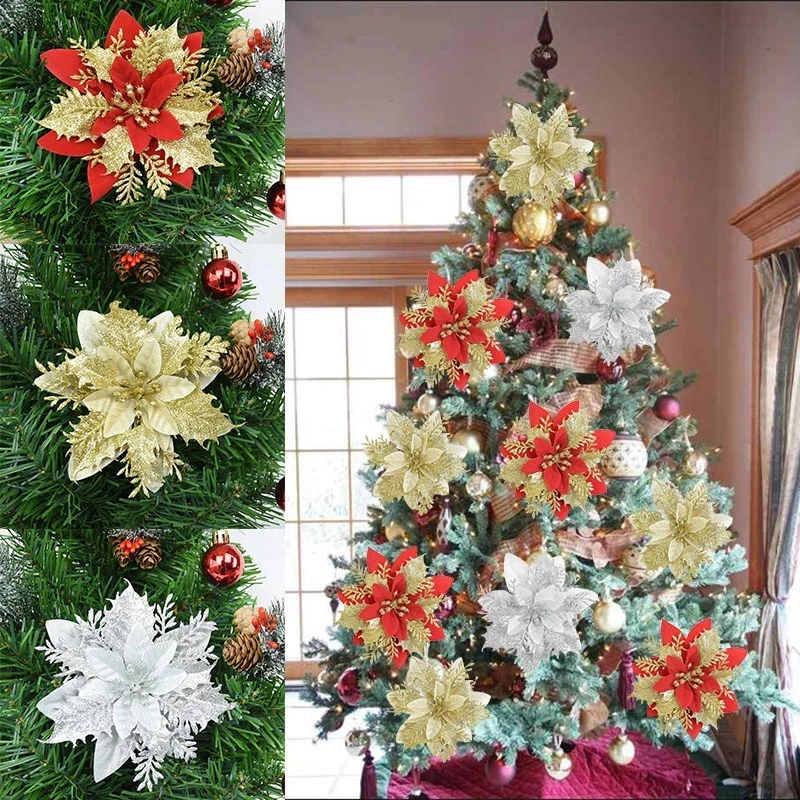 

5pcs 9cm 16cm Glitter Artifical Christmas Flowers Christmas Tree Decorations For Home Fake Flowers Xmas Ornaments New Year Decor