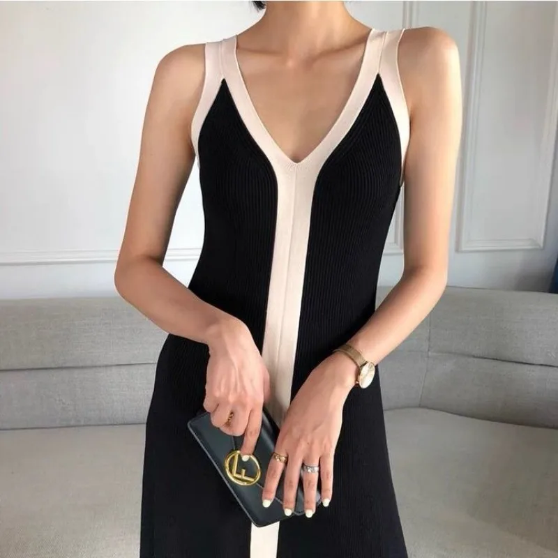 Cami Dress Women Midi Off Shoulder Panelled V-neck Slit Summer New Korean-style Temperament Gentle Casual Simple Office Ladies