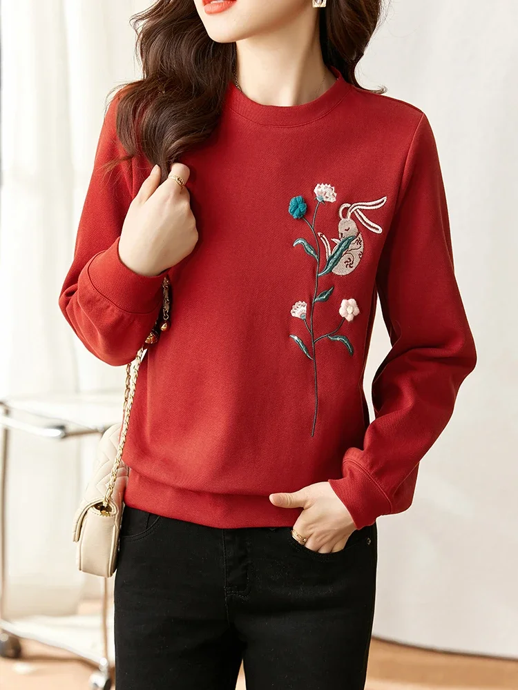 Vimly 2023 Autumn Pullover Round Neck Sweatshirt Women Cute Flower Embroidery Long Sleeve Tops Fall Outfits Clothes for Women