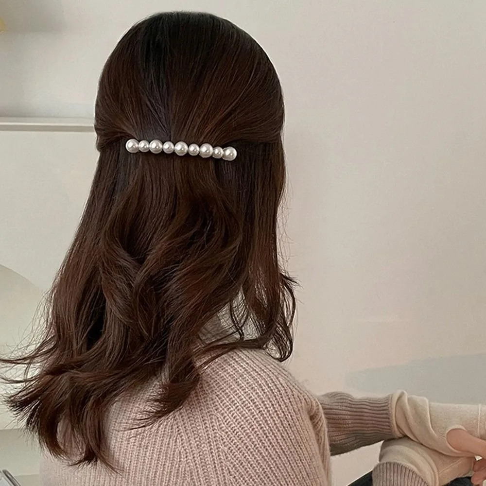 

One-word Clip Ponytail Holde Spring Clip Pearl Hairpin Korean Style Headwear Female Hair Accessories Beads Hair Clip