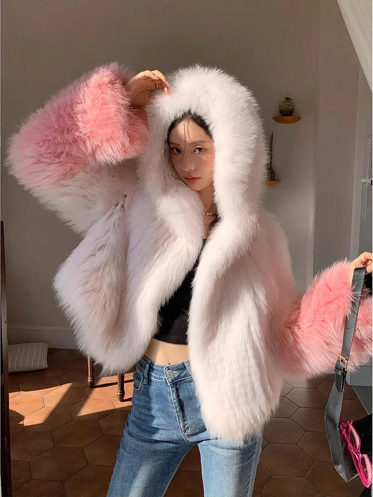 

Double-sided Woven Gradient Fox Fur Coat for Women 2023 New High-end Autumn Winter Elegant Short Hooded Real Fur Jacket