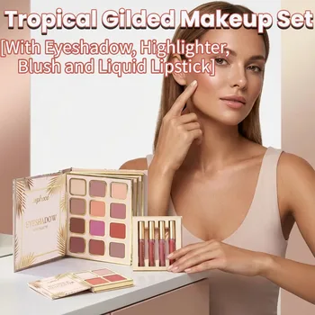 Tropical Gilded Makeup Set: All-in-One Eye Face Palette with Highlighter Blush 4Pcs Matte Liquid Lipstick Sculpting & Illuminating Sunkissed Bronze Glow Highly Pigmented Sweatproof Full Makeup Kit for Summer Festival Travel Vegan Cruelty-Free