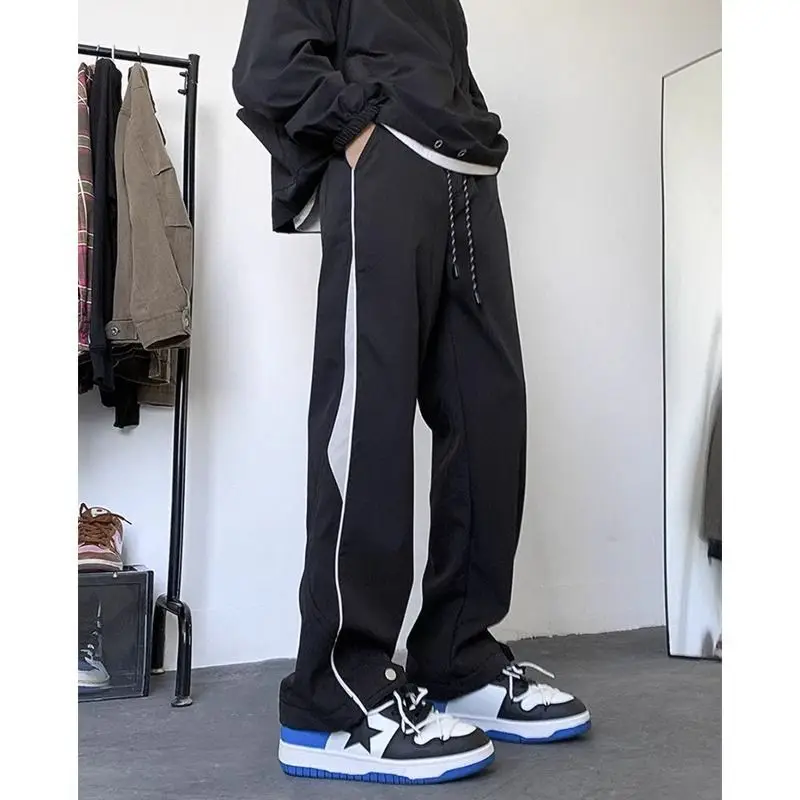 Spring Autumn Contrast Color Fashion Straight Pants Man Drawstring Pockets Patchwork Drawstring Windproof All-match Cargo Pants