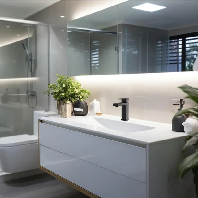 สีดําชุบสแควร์สแตนเลสห้องน้ําอ่างล้างหน้าก๊อกน้ําสแควร์ Vanity Sink Mixer Hot & Cold Lavotory Tap 6