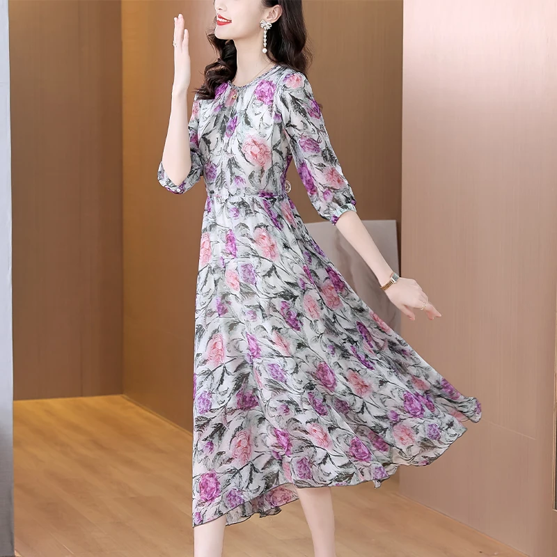 

Spring New Silk Print Dress Women 2023 Premium Fashion Versatile Round Neck Loose Fit Casual Holiday Dress Vestidos