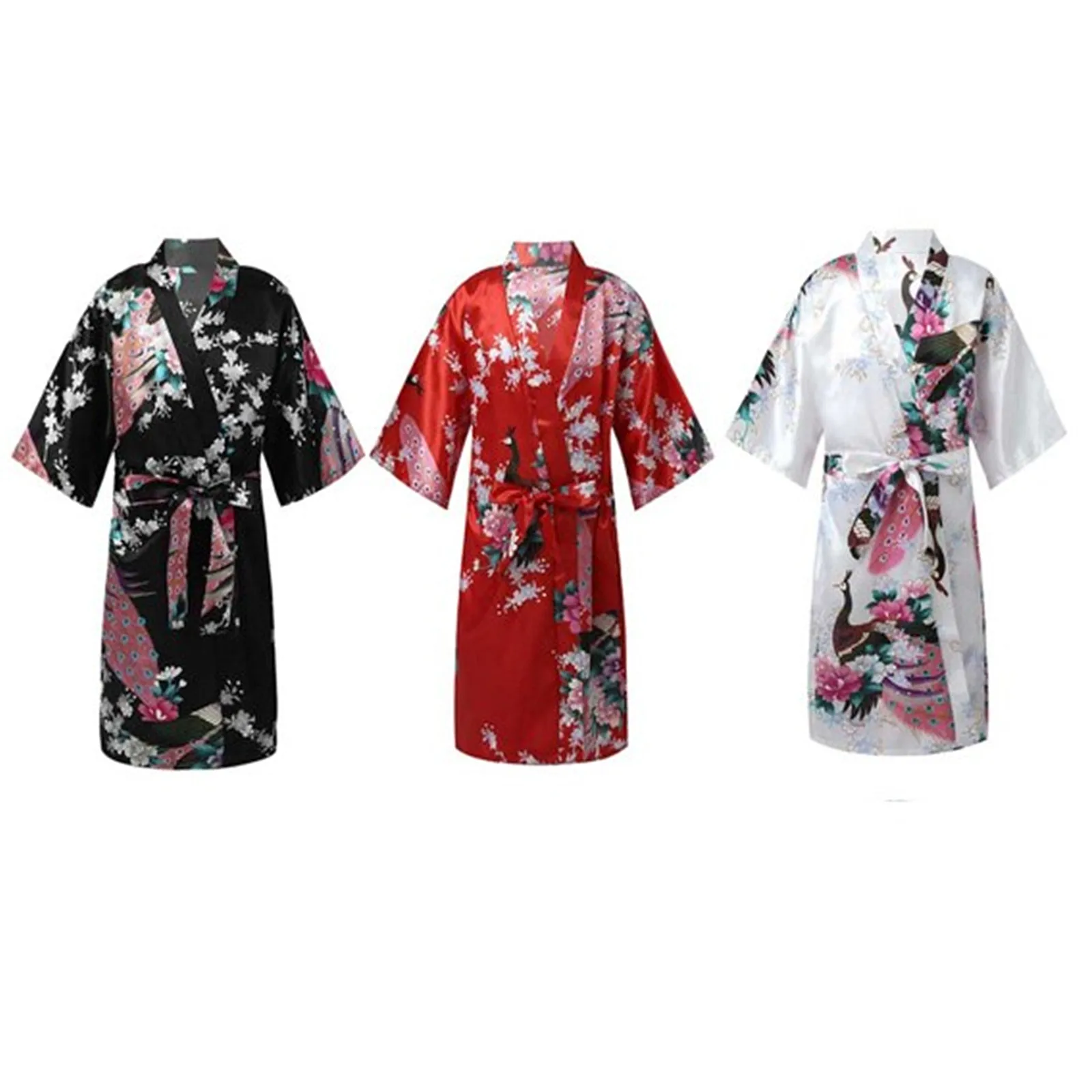 Kids Girls Japanese Night-gowns Peacock Flower Printed Faux Satin Kimono Robe Bathrobe Nightgown for Spa Party Wedding Birthday