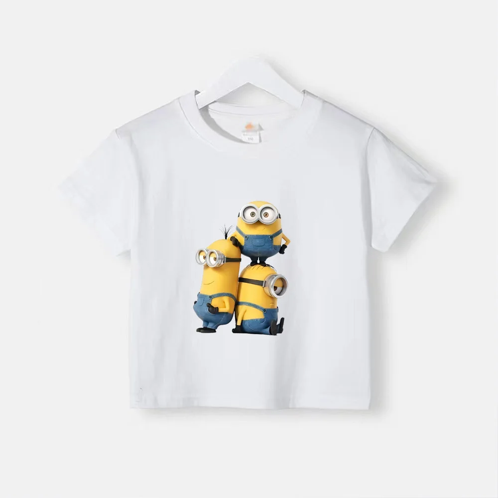 Camiseta de verano 100 % algodón para adolescentes, camisetas para niños con estampado sencillo de Minions de dibujos animados, camisetas de cuello redondo para bebés, ropa de manga corta para niños y