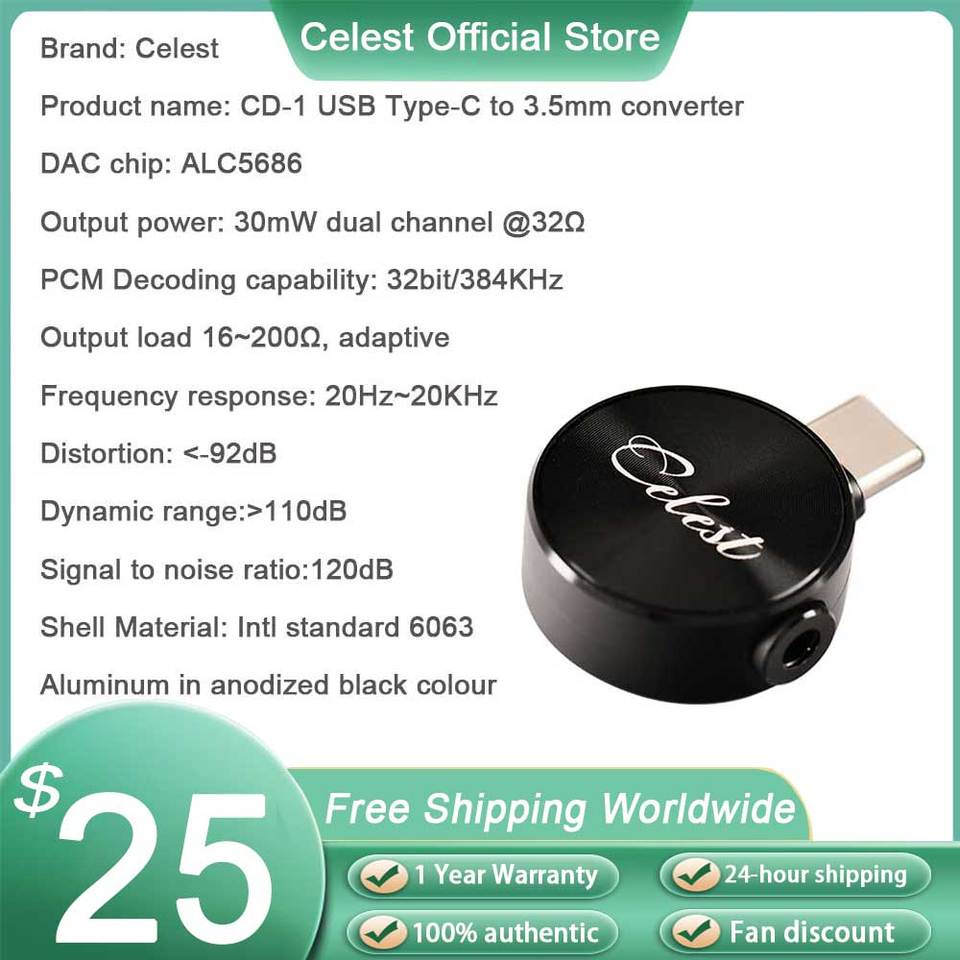 Celest CD-1 Earphone Converter Type-C to 3.5mm Decoding DAC Amp 384kHz/32bit Headphone Adapter Chip Converter For HiFi IEMs