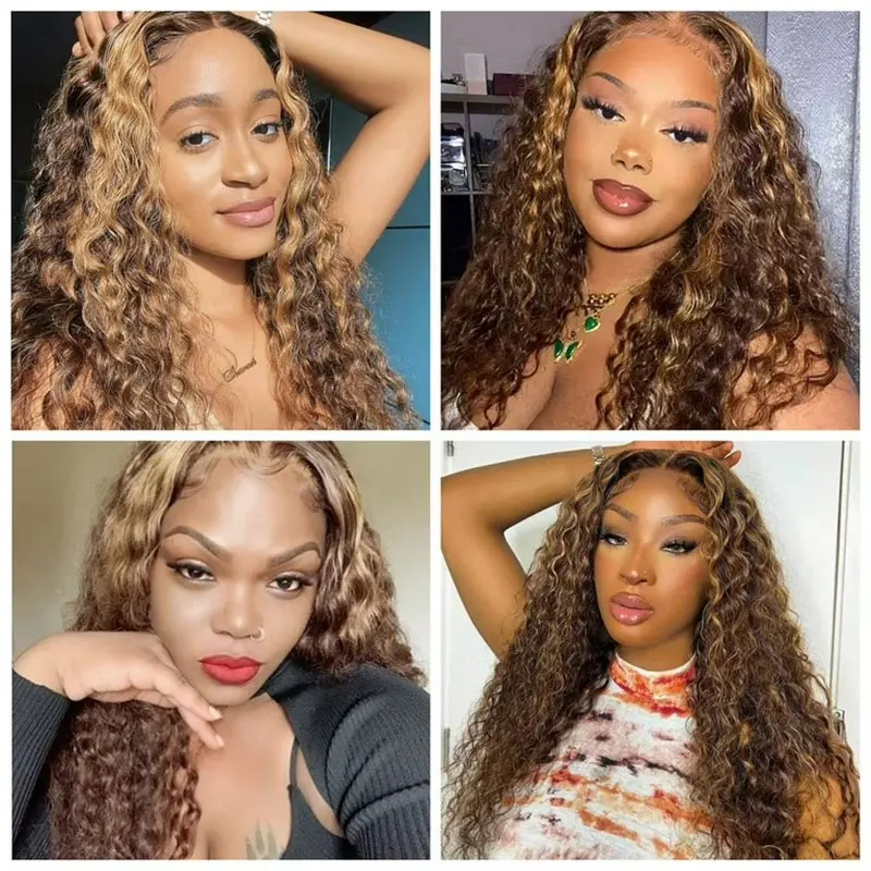 Highlight Burmese Curly Lace Frontal Human Hair Wig 4/27 Brazilian Pixie Curls Human Hair Wigs For Women 200% density Hair Wig 5