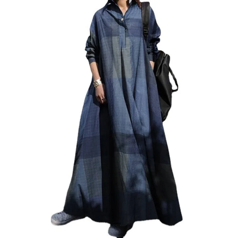 Fashion Abaya Femme Casual Plaid Cotton Linen Abayas for Women Vintage Printed Loose Long Sleeves Swing Islam Women's Dress