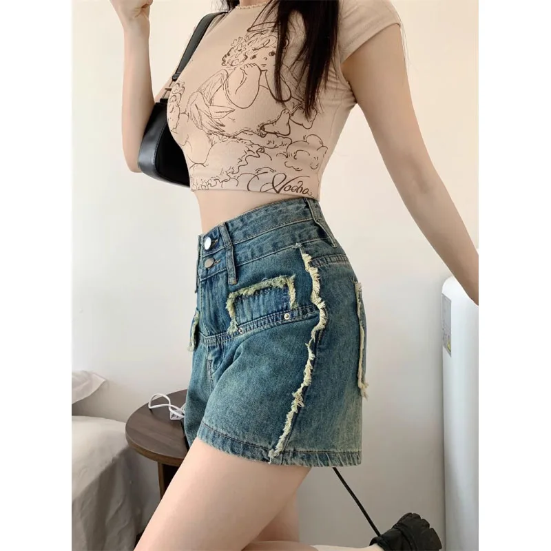 Women's 2024 new Summer Fashion High Waist Button Spliced   Versatile Casual Loose Simplicity Commuter Vintage denim shorts