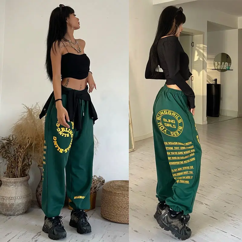 New spring and autumn sports pants women loose-fitting hip-hop sweatpants retro print jazz hip-hop long pants cargo pants women capris women Pants & Capris