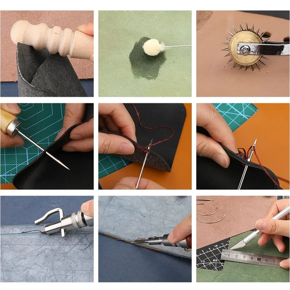 Practical Leather Craft Kit with Waxed Thread Groover Awl Stitching Punch Hole for Leathercraft Beginner