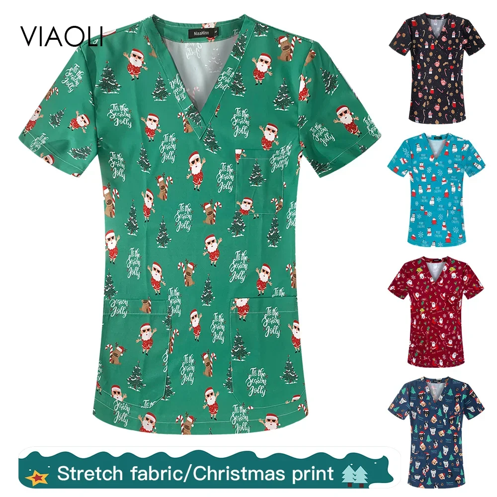 

Christmas Nursing Surgical T-shirt V-neck Pocket Scrubs Uniforms Women Clothing S-2XL Tops Short Sleeved Santa Claus Tops Unisex