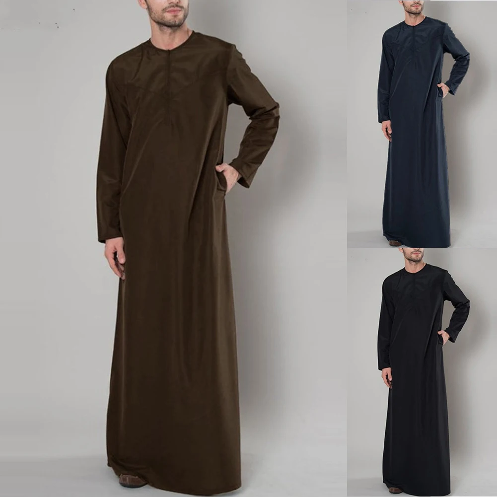 Male Long Shirt Muslim Personalized Solid Color Arab Thobe Comfortable Cotton Kaftan Robes Long Shirt Long Sleeve
