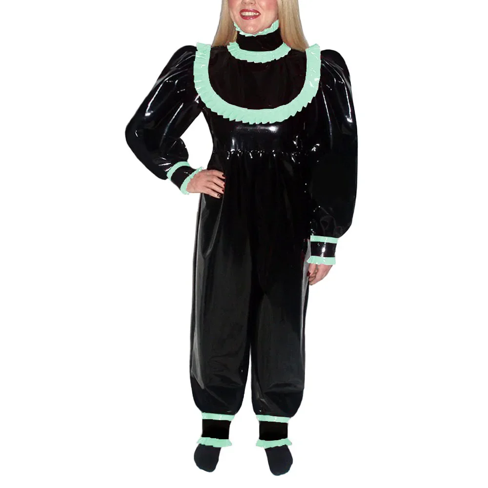 Plus Size Sissy PVC Leather Loose Jumpsuit Adult Female Fantasy Catsuit Long Lantern Sleeves Bodysuit Party Clubwear Halloween 5