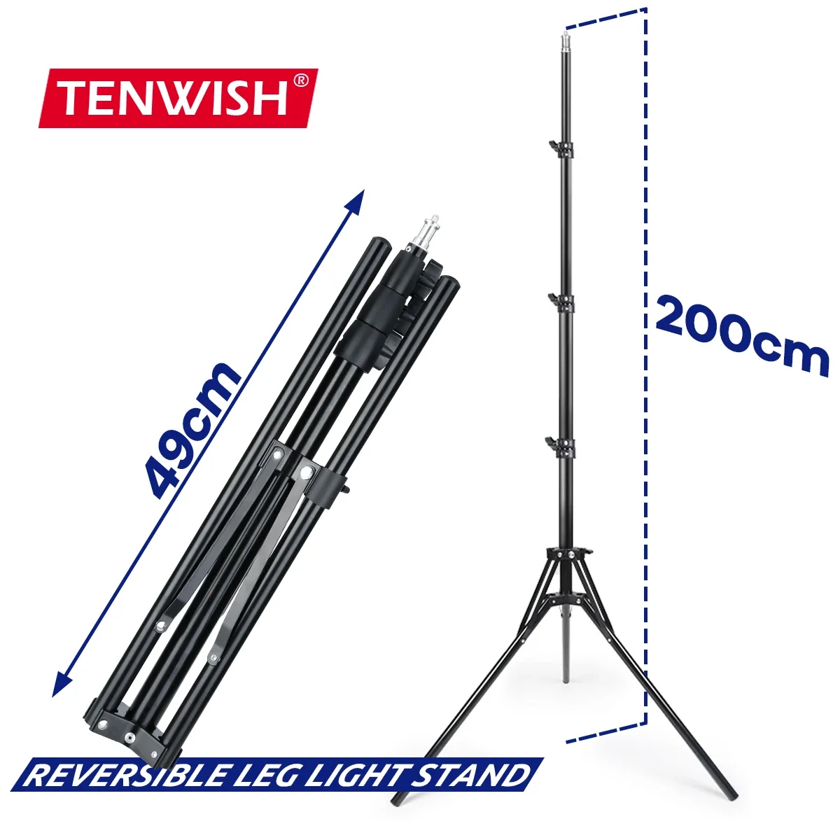 TENWISH 리버시블 레그 라이트 스탠드, 사진 스튜디오용 소형 휴대용 삼각대, 링 램프, 유튜버 틱톡 라이브용, 2 미터, 6.5 인치