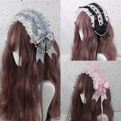 Ruffled Lace Headpiece Headband Weet Lolita Bowknot Maid Headdress Women Girls Japanese Style Crisscross Ribbon Pearls Beaded